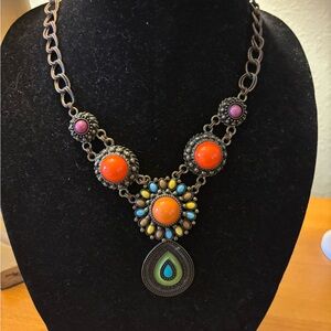 Vintage Style Statement Necklace with Orange and Blue Accents